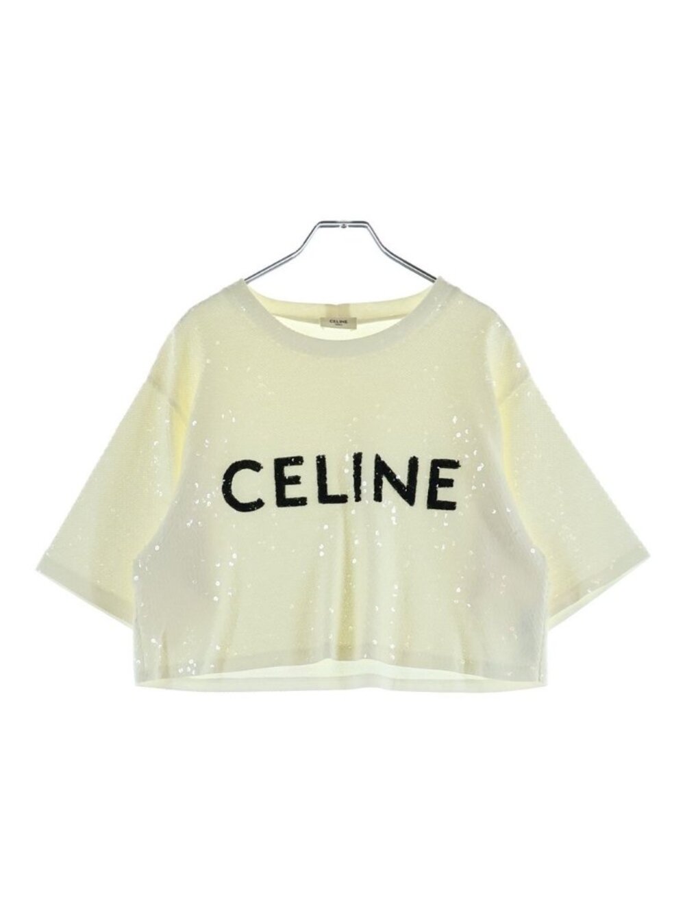 Celine Logo Cropped T-Shirt Sequins White